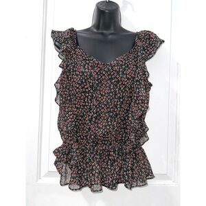 Rosette black floral ruffle blouse size small
